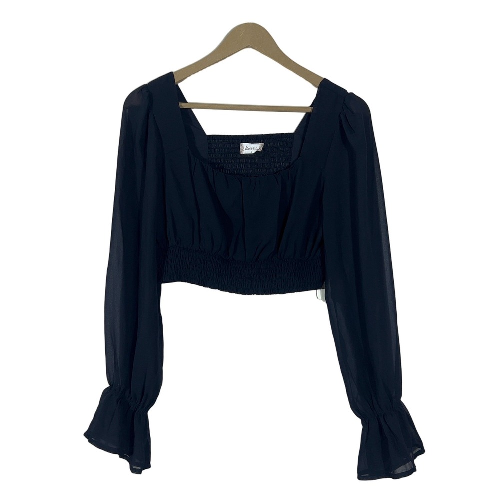 NWT Altar'd State Solid Crop Top Black Boho Smocked Ruffle Sleeve Size S